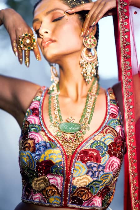 Talking Threads_Red Blouse- , Lehenga- And Raw Silk Embroidered Set_at_Aza_Fashions