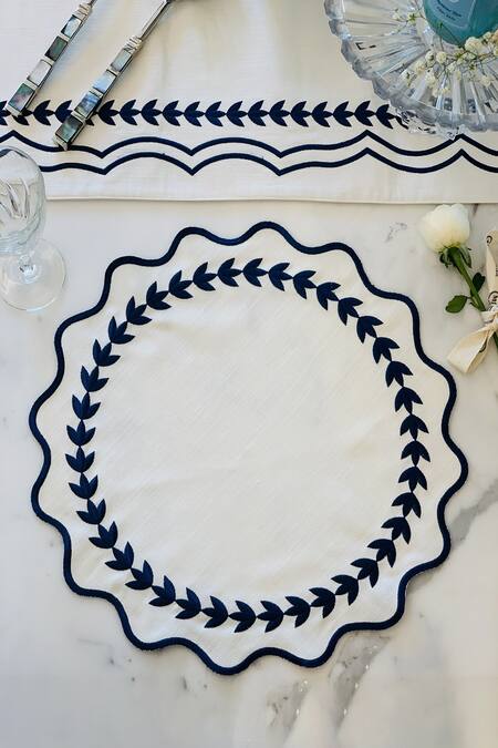 MJ Label_White Cotton Embroidery Scallop Leaf Table Mat Set Of 6_Online_at_Aza_Fashions