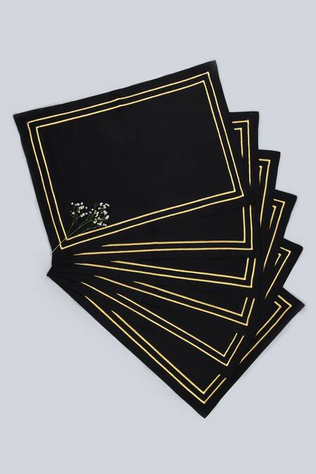 MJ Label_Black Cotton Embroidery Linen Table Mat Set Of 6_Online_at_Aza_Fashions