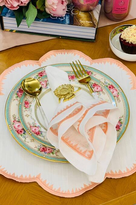 MJ Label_White Cotton Embroidery Zig Zag Napkin Set Of 6_Online_at_Aza_Fashions