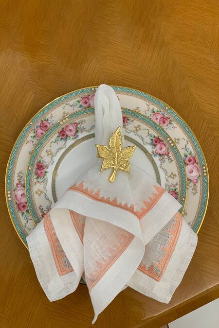 Buy_MJ Label_White Cotton Embroidery Zig Zag Napkin Set Of 6_Online_at_Aza_Fashions