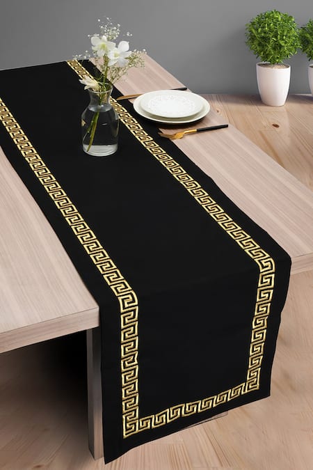 MJ Label Black Cotton Embroidery Greek Table Runner 