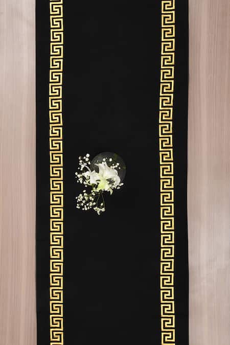 Shop_MJ Label_Black Cotton Embroidery Greek Table Runner _at_Aza_Fashions