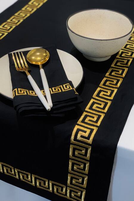 MJ Label_Black Cotton Embroidery Greek Table Runner _Online_at_Aza_Fashions