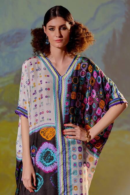 Shop Rajdeep Ranawat White Silk Geometric V Neck Majida Printed Kaftan Tunic Online at Aza Fashions Shop_Rajdeep Ranawat_White Silk Geometric V Neck Majida Printed Kaftan Tunic_Online_at_Aza_Fashions