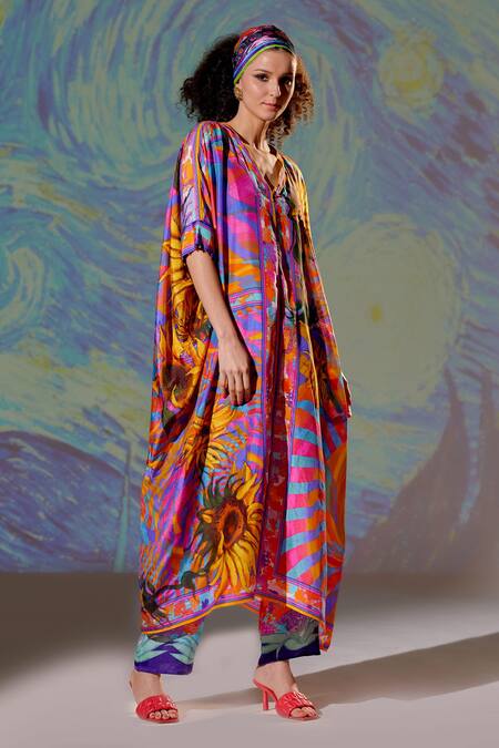 Rajdeep Ranawat_Multi Color Silk Abstract, Floral V Neck Majida Printed Kaftan Tunic_Online_at_Aza_Fashions