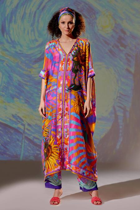 Buy_Rajdeep Ranawat_Multi Color Silk Abstract, Floral V Neck Majida Printed Kaftan Tunic_Online_at_Aza_Fashions