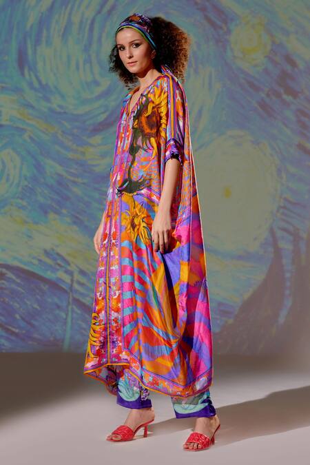 Shop_Rajdeep Ranawat_Multi Color Silk Abstract, Floral V Neck Majida Printed Kaftan Tunic_Online_at_Aza_Fashions
