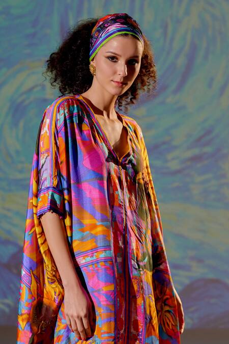 Rajdeep Ranawat_Multi Color Silk Abstract, Floral V Neck Majida Printed Kaftan Tunic_at_Aza_Fashions