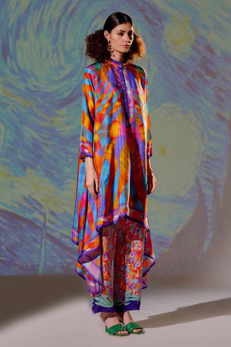 Rajdeep Ranawat_White Silk, Satin Abstract Band Collar Navya Draped Tunic And Pant Set_Online_at_Aza_Fashions