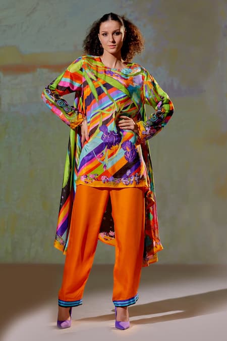 Rajdeep Ranawat Multi Color Silk Printed Floral Aafreen Asymmetric Tunic And Pant Set  