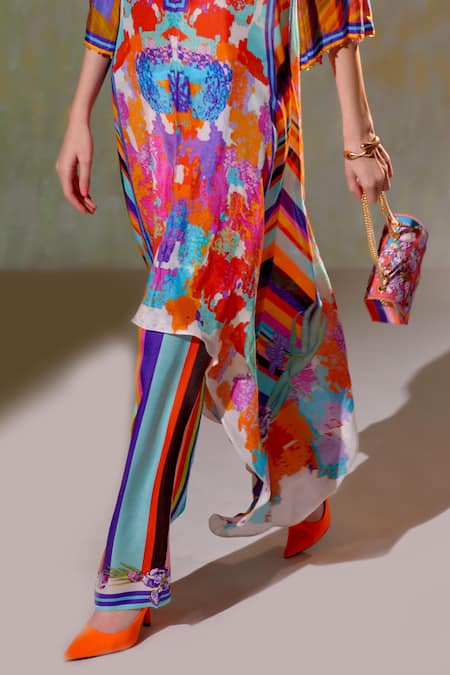 Rajdeep Ranawat_Multi Color Silk, Satin Abstract, Floral, Chetna Flared Tunic And Pant Set_at_Aza_Fashions