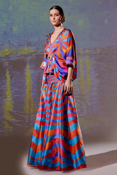 Rajdeep Ranawat_Multi Color Satin, Dupion Abstract V Neck Leela Print Skirt And Kaftan Top Set_Online_at_Aza_Fashions