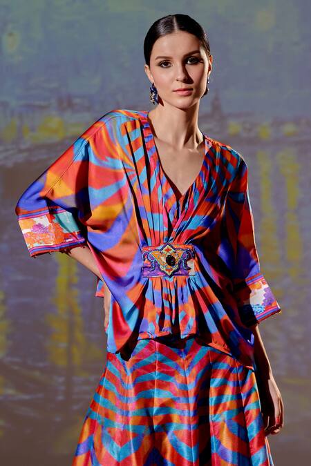 Buy_Rajdeep Ranawat_Multi Color Satin, Dupion Abstract V Neck Leela Print Skirt And Kaftan Top Set_Online_at_Aza_Fashions