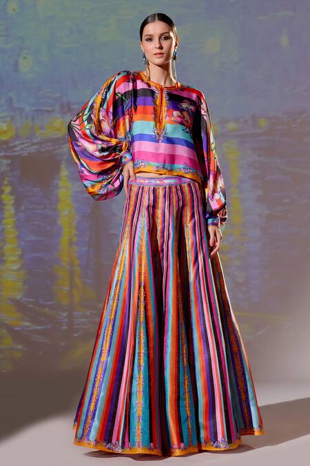 Rajdeep Ranawat Multi Color Dupion Printed Striped Leela Skirt And Crop Top Set For Women
