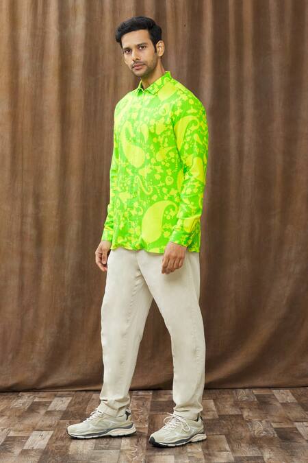 Siddhartha Bansal_Green Cotton Satin Paisley Print Shirt_Online_at_Aza_Fashions