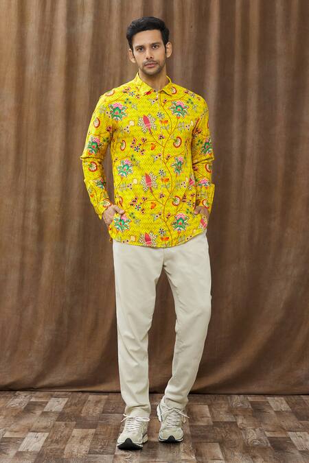 Siddhartha Bansal_Yellow Cotton Satin Floral Print Shirt _Online_at_Aza_Fashions