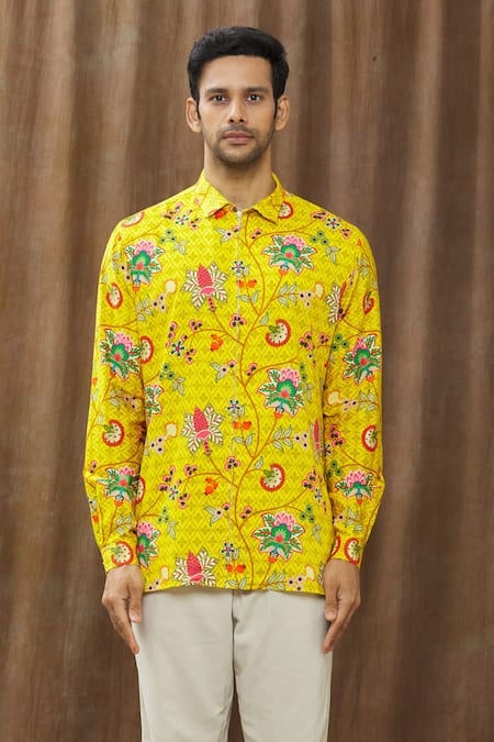 Buy_Siddhartha Bansal_Yellow Cotton Satin Floral Print Shirt _Online_at_Aza_Fashions