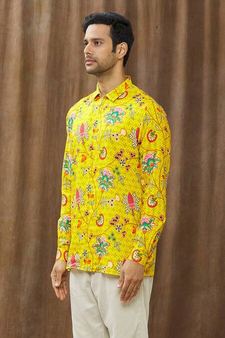 Shop_Siddhartha Bansal_Yellow Cotton Satin Floral Print Shirt _Online_at_Aza_Fashions