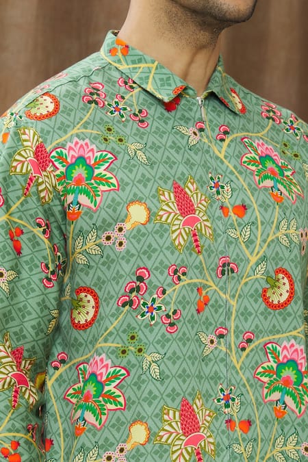 Siddhartha Bansal_Green Cotton Satin Floral Print Shirt _at_Aza_Fashions