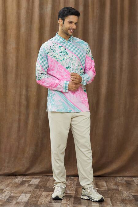 Siddhartha Bansal_Multi Color Cotton Satin Checkered, Floral Printed Shirt _Online_at_Aza_Fashions