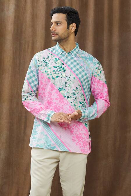 Shop_Siddhartha Bansal_Multi Color Cotton Satin Checkered, Floral Printed Shirt _Online_at_Aza_Fashions