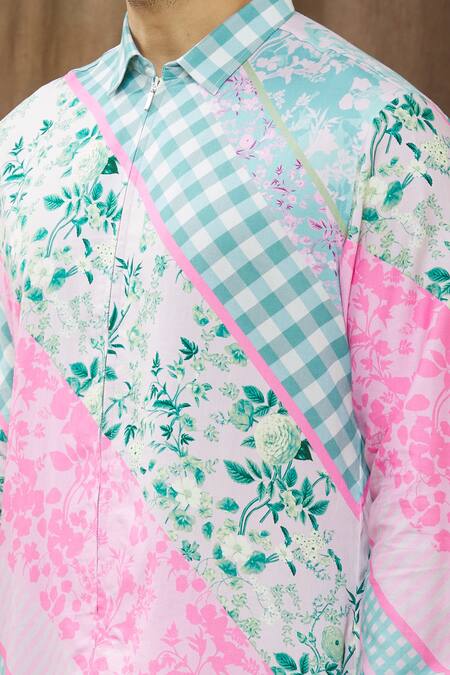 Siddhartha Bansal_Multi Color Cotton Satin Checkered, Floral Printed Shirt _at_Aza_Fashions