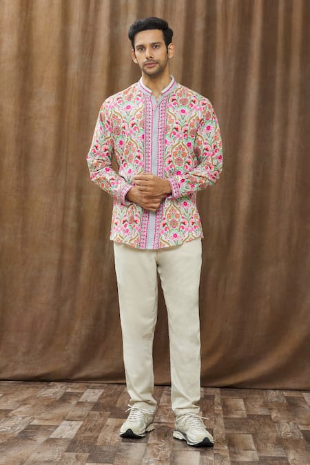 Siddhartha Bansal_Grey Cotton Satin Paisley Print Shirt _Online_at_Aza_Fashions