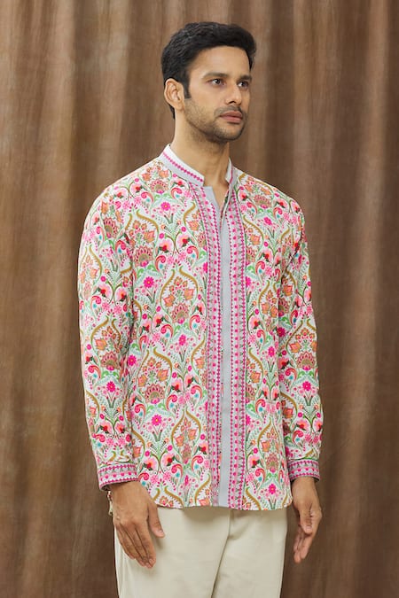 Buy_Siddhartha Bansal_Grey Cotton Satin Paisley Print Shirt _Online_at_Aza_Fashions