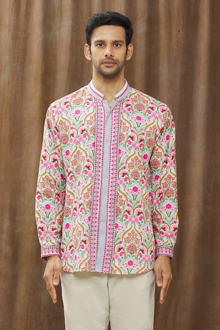 Shop_Siddhartha Bansal_Grey Cotton Satin Paisley Print Shirt _Online_at_Aza_Fashions