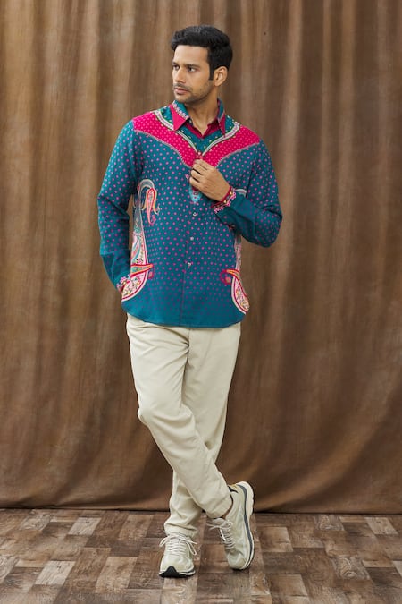 Siddhartha Bansal_Blue Cotton Satin Floral, Pasiley Printed Shirt _Online_at_Aza_Fashions
