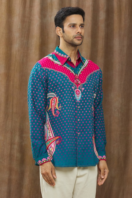 Buy_Siddhartha Bansal_Blue Cotton Satin Floral, Pasiley Printed Shirt _Online_at_Aza_Fashions