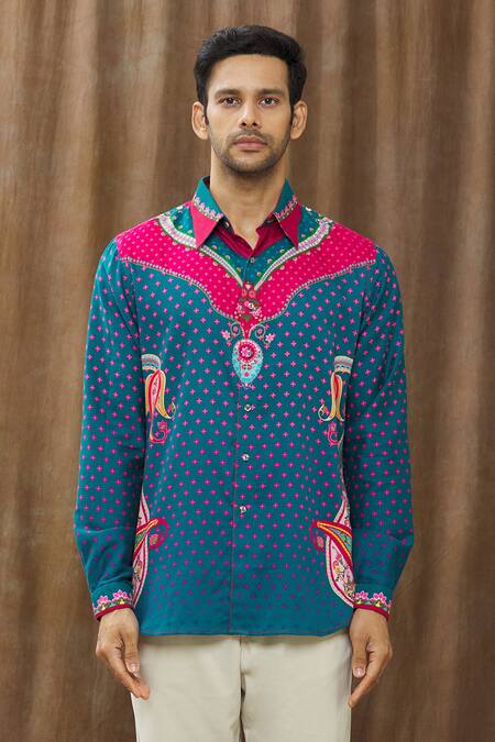 Shop_Siddhartha Bansal_Blue Cotton Satin Floral, Pasiley Printed Shirt _Online_at_Aza_Fashions