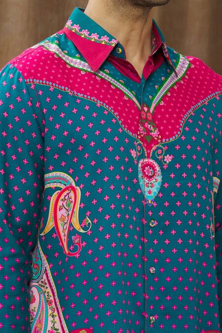 Siddhartha Bansal_Blue Cotton Satin Floral, Pasiley Printed Shirt _at_Aza_Fashions