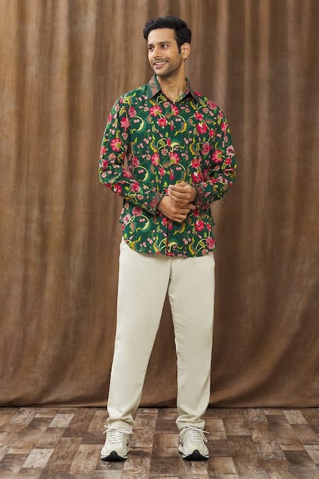 Siddhartha Bansal_Green Cotton Satin Chintz Print Shirt _Online_at_Aza_Fashions