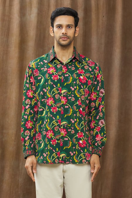Buy_Siddhartha Bansal_Green Cotton Satin Chintz Print Shirt _Online_at_Aza_Fashions