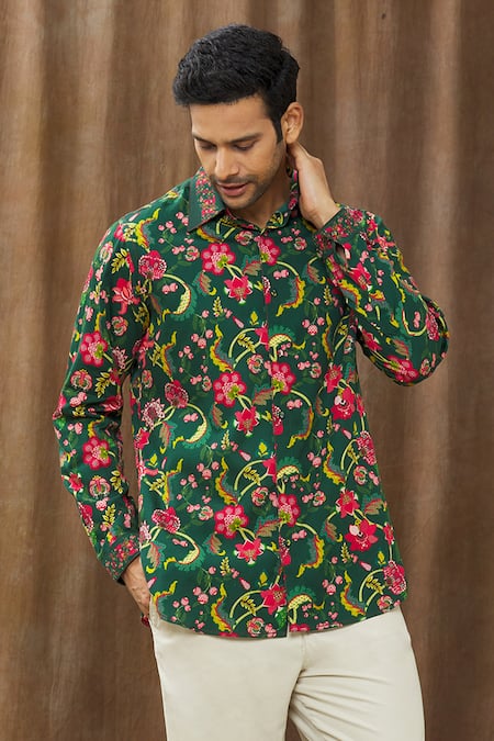 Shop_Siddhartha Bansal_Green Cotton Satin Chintz Print Shirt _Online_at_Aza_Fashions