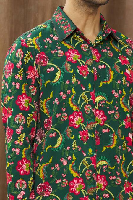 Siddhartha Bansal_Green Cotton Satin Chintz Print Shirt _at_Aza_Fashions