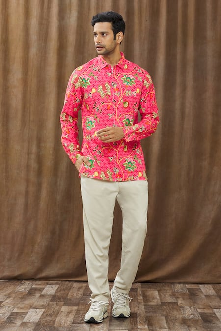 Siddhartha Bansal_Pink Cotton Satin Floral Print Shirt _Online_at_Aza_Fashions