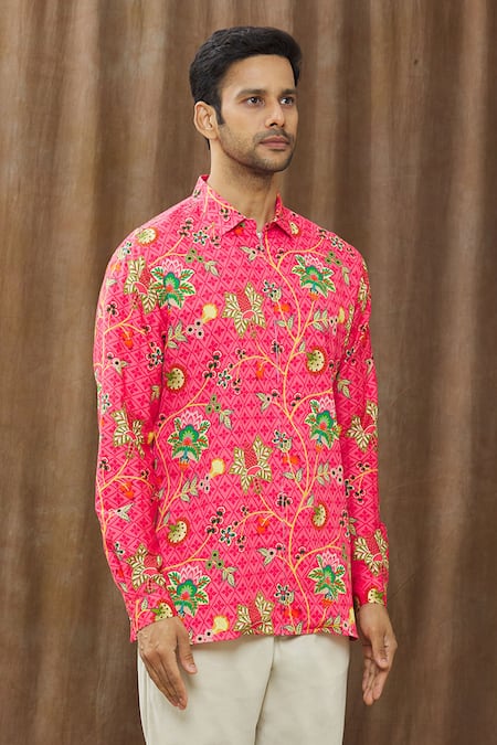 Buy_Siddhartha Bansal_Pink Cotton Satin Floral Print Shirt _Online_at_Aza_Fashions