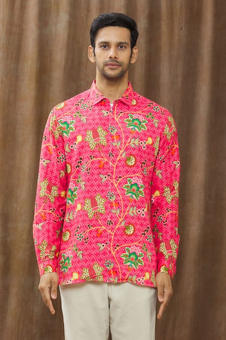 Shop_Siddhartha Bansal_Pink Cotton Satin Floral Print Shirt _Online_at_Aza_Fashions