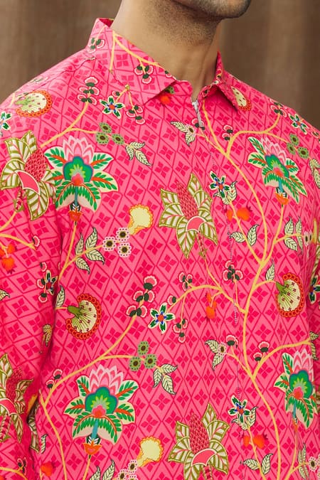 Siddhartha Bansal_Pink Cotton Satin Floral Print Shirt _at_Aza_Fashions