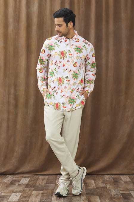 Siddhartha Bansal_White Cotton Satin Floral Print Shirt_Online_at_Aza_Fashions
