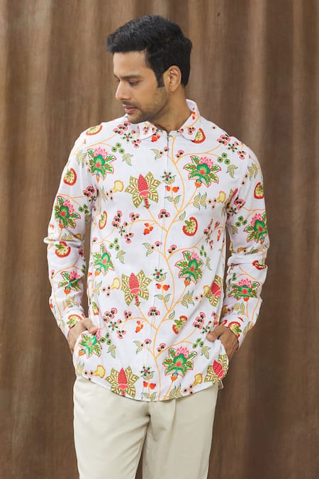 Siddhartha Bansal White Cotton Satin Printed Floral Shirt  