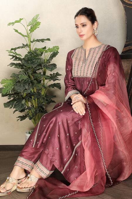 Buy_Falguni.Foram_Maroon Kurta , Pant And Dupatta Organza Thread Embroidered Set _Online_at_Aza_Fashions