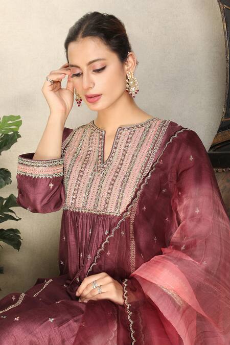 Shop_Falguni.Foram_Maroon Kurta , Pant And Dupatta Organza Thread Embroidered Set _Online_at_Aza_Fashions