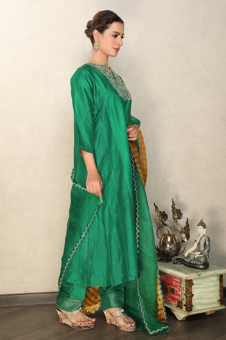Falguni.Foram_Green Anarkali And Pant Viscose & Dupatta Organza Placement Embroidered Set _Online_at_Aza_Fashions