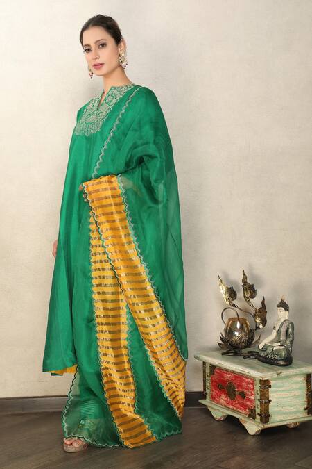Buy_Falguni.Foram_Green Anarkali And Pant Viscose & Dupatta Organza Placement Embroidered Set _Online_at_Aza_Fashions