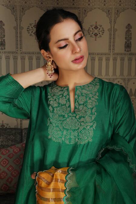 Shop_Falguni.Foram_Green Anarkali And Pant Viscose & Dupatta Organza Placement Embroidered Set _Online_at_Aza_Fashions