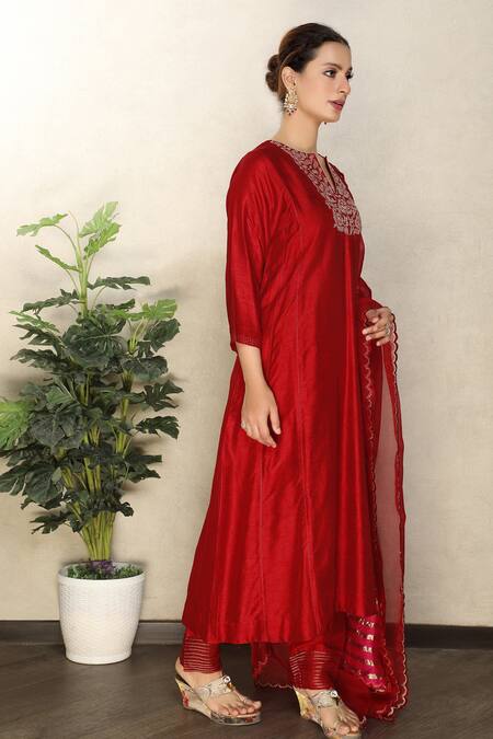 Falguni.Foram_Red Anarkali And Pant Viscose & Dupatta Organza And Placement Embroidered Set _Online_at_Aza_Fashions